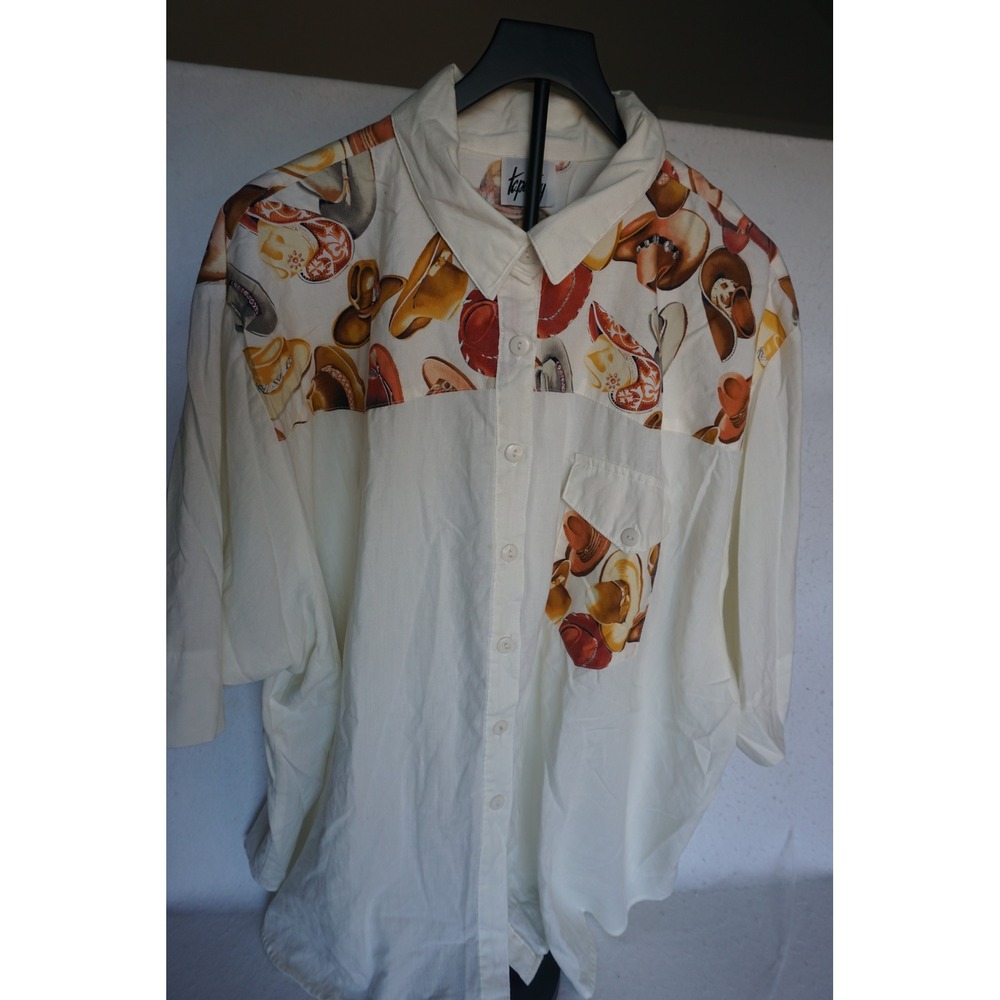 Vintage Tapestry Mens Cream Cowboy Hat Western Button Down Shirt Short Sleeve XL